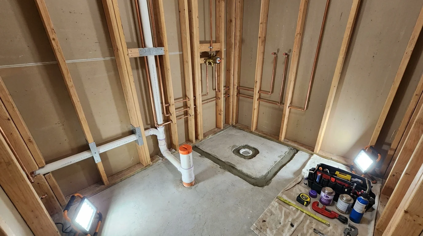 Bathroom rough-in plumbing during remodel by Johns Plumbing LLC in Eureka Springs