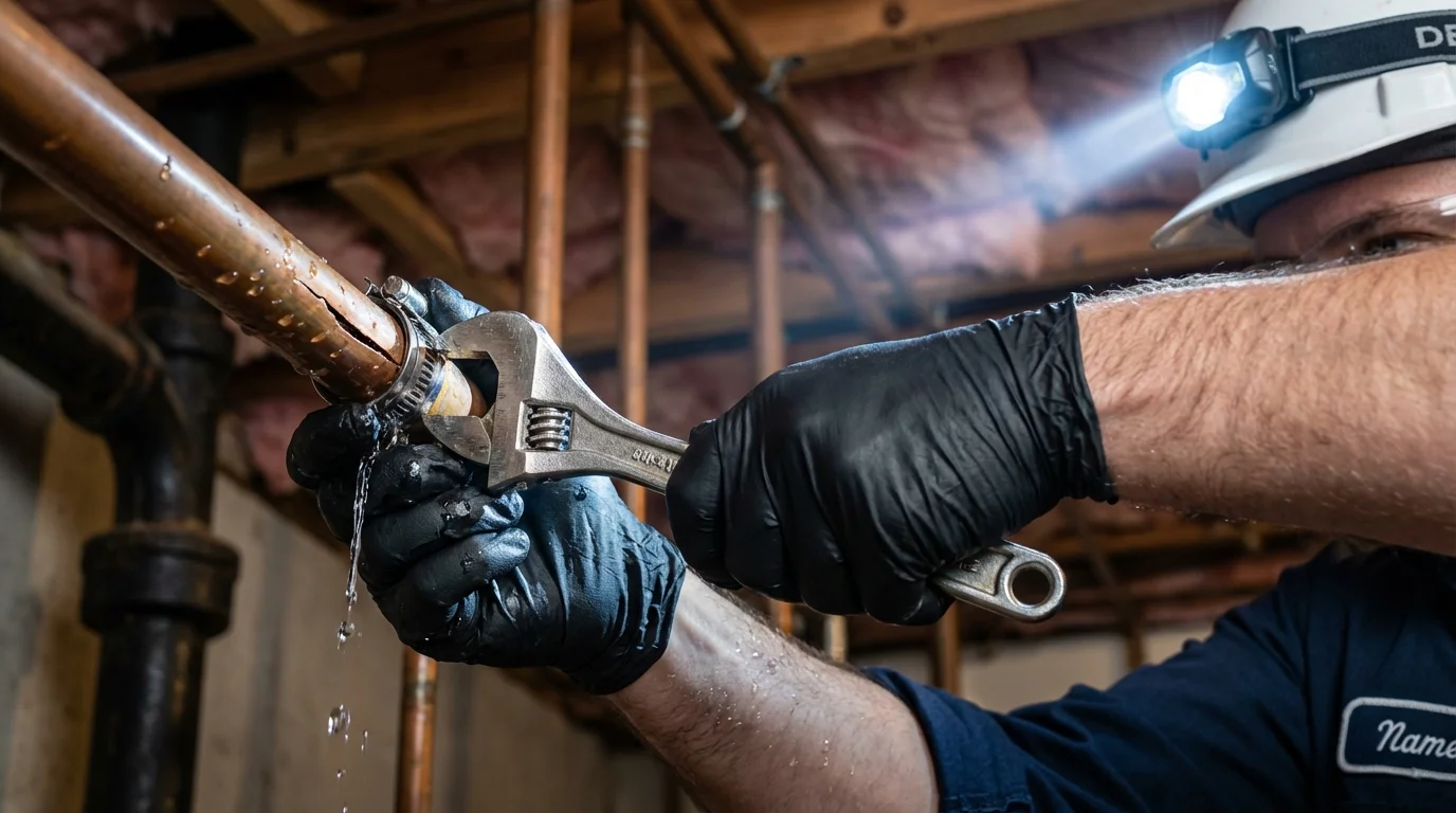 Emergency pipe clamp repair being performed by a Johns Plumbing LLC plumber in Eureka Springs
