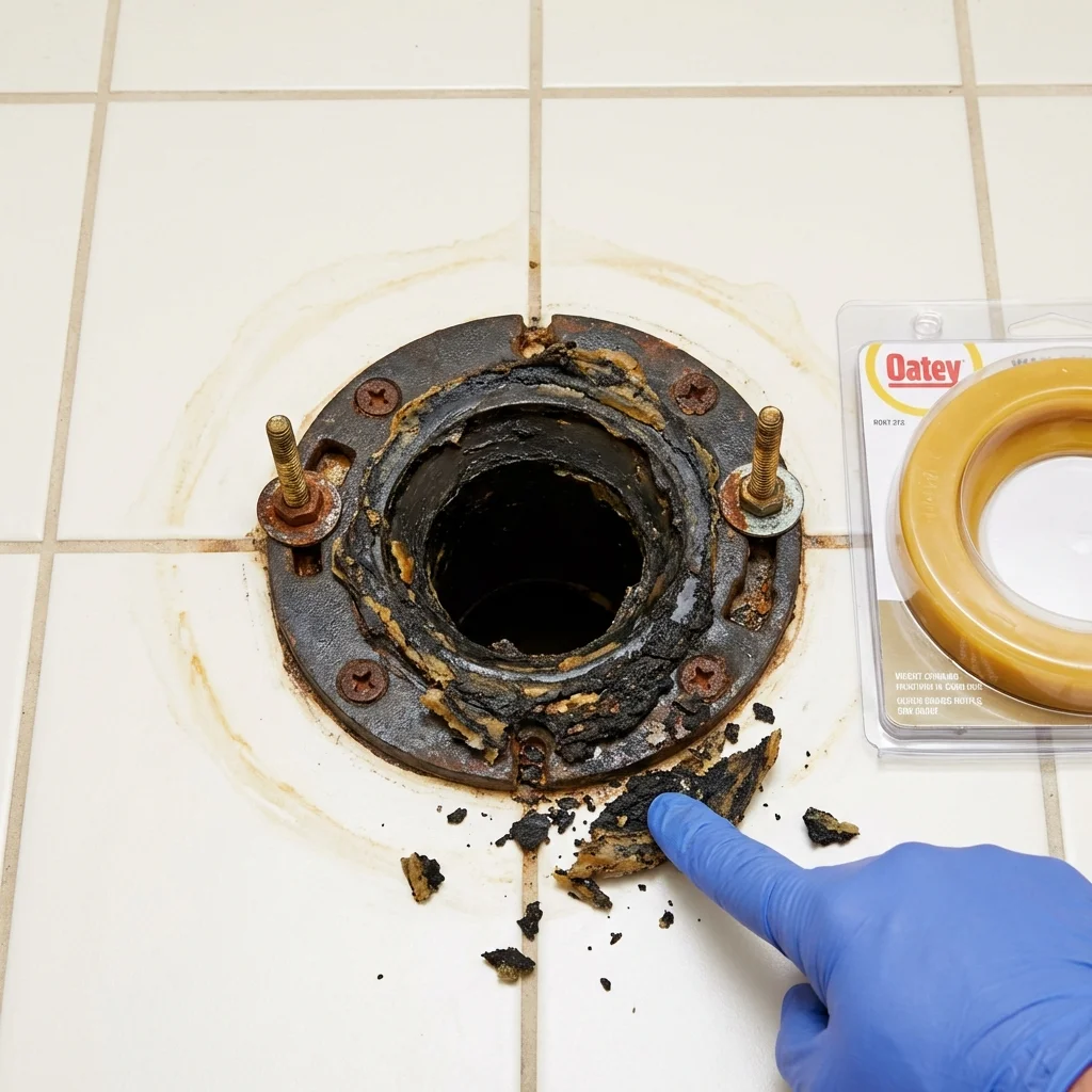 Failed wax ring showing water seepage at the base of a toilet in a Eureka Springs, AR home
