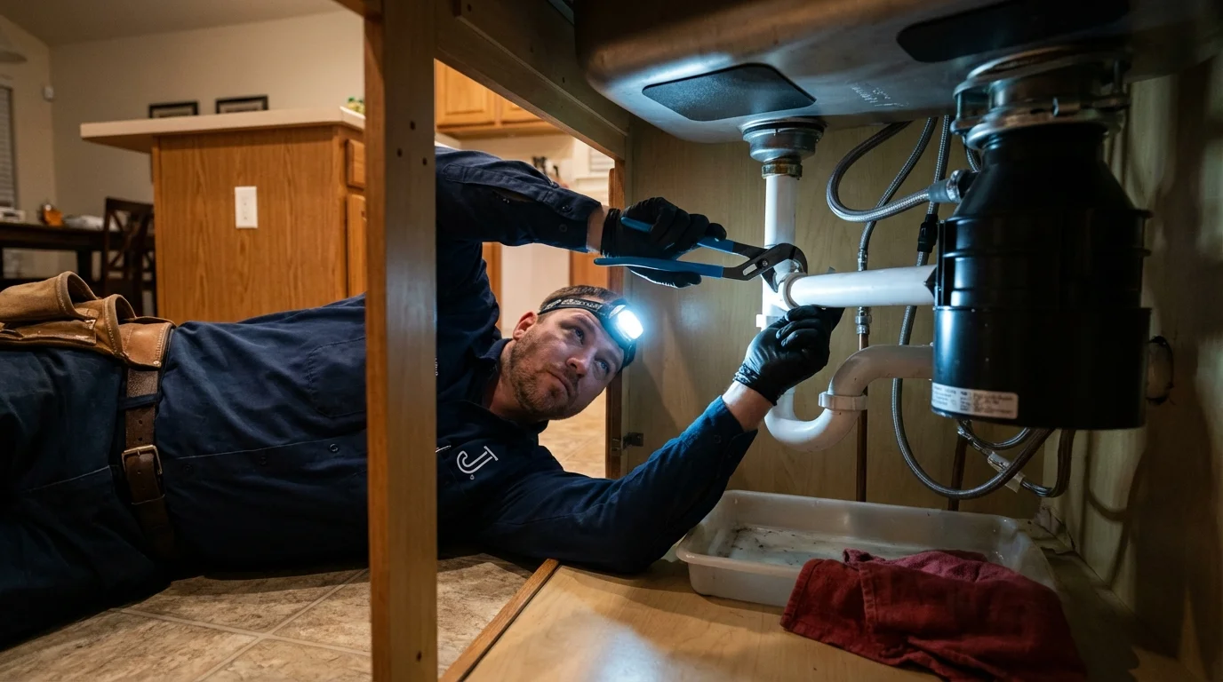 P-trap and supply line connections under a kitchen sink showing a common leak point in Eureka Springs, AR